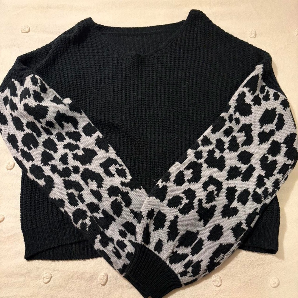 SHEIN Black Sweater with Gray Leopard Sleeves